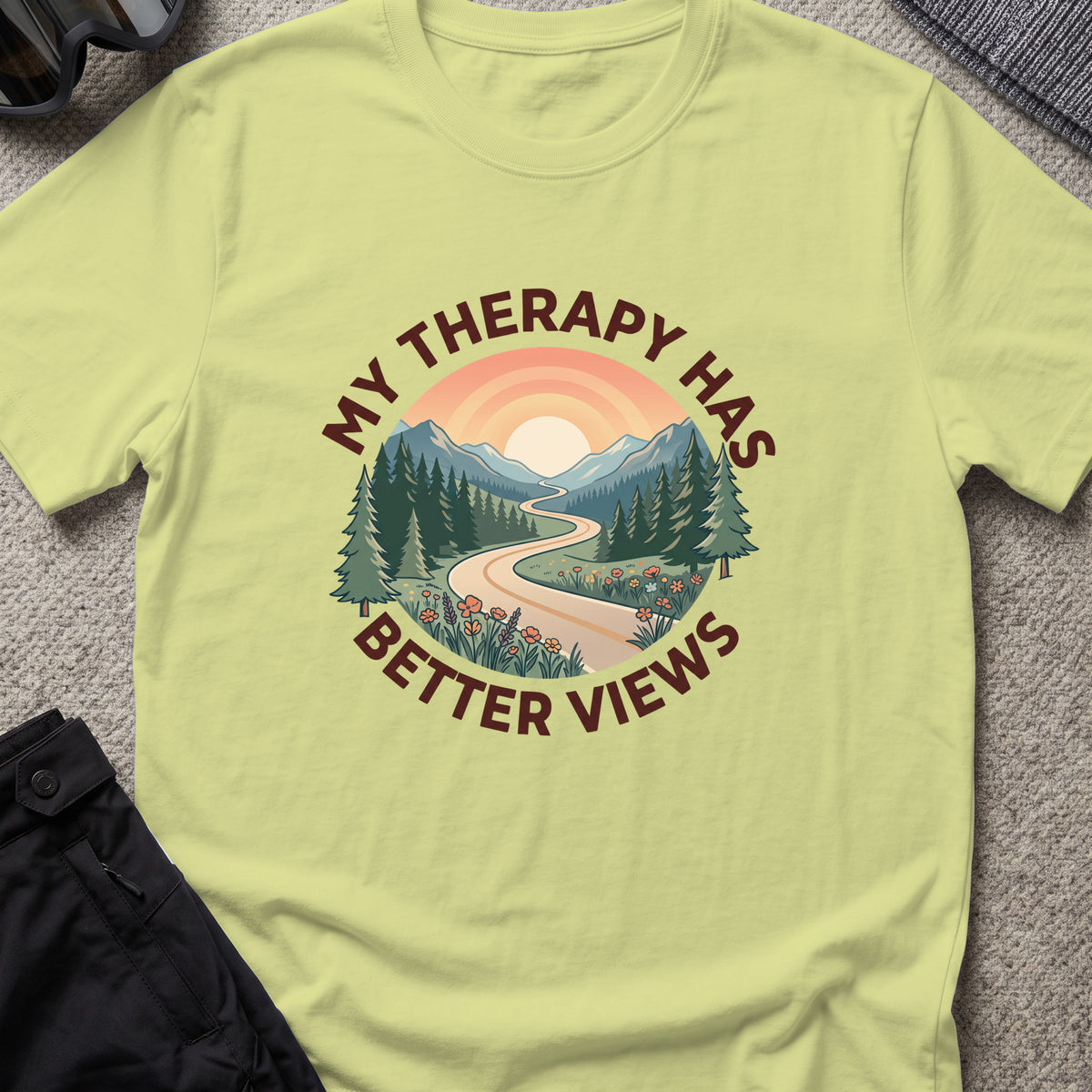 My Therapy has Better Views T-Shirt in Pistachio, front view.