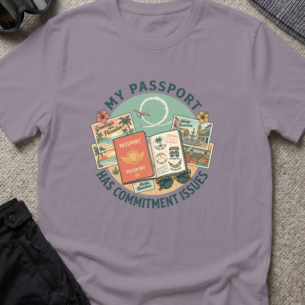 My Passport has Commitment Issues T-Shirt in Paragon, front view.