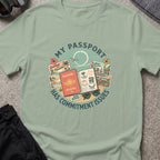 My Passport has Commitment Issues T-Shirt in Sage, front view.