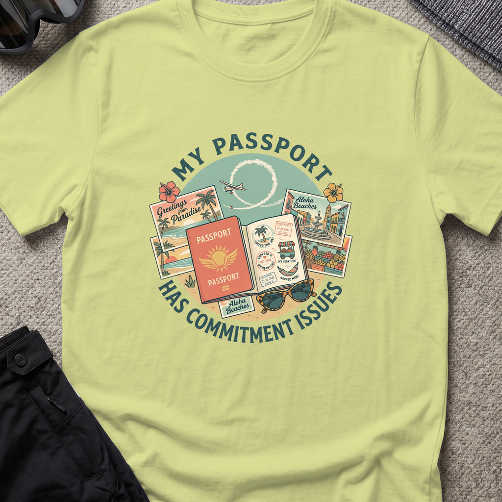 My Passport has Commitment Issues T-Shirt in Pistachio, front view.