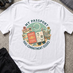 My Passport has Commitment Issues T-Shirt in White, front view.