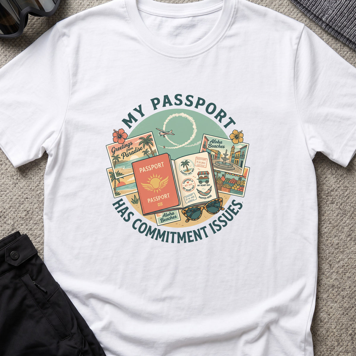 My Passport has Commitment Issues T-Shirt in White, front view.