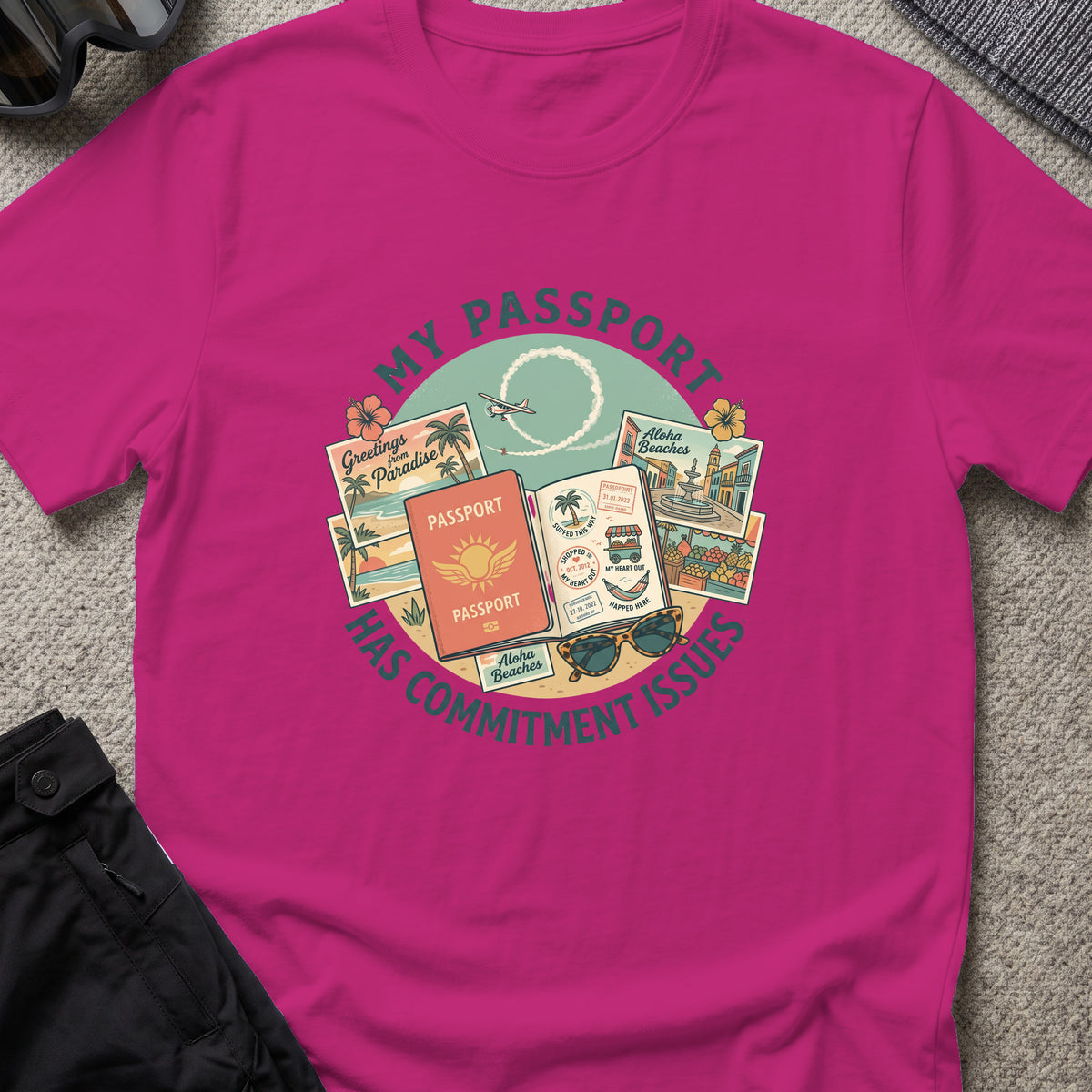 My Passport has Commitment Issues T-Shirt in Antique Heliconia, front view.