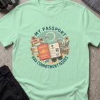 My Passport has Commitment Issues T-Shirt in Mint Green, front view.