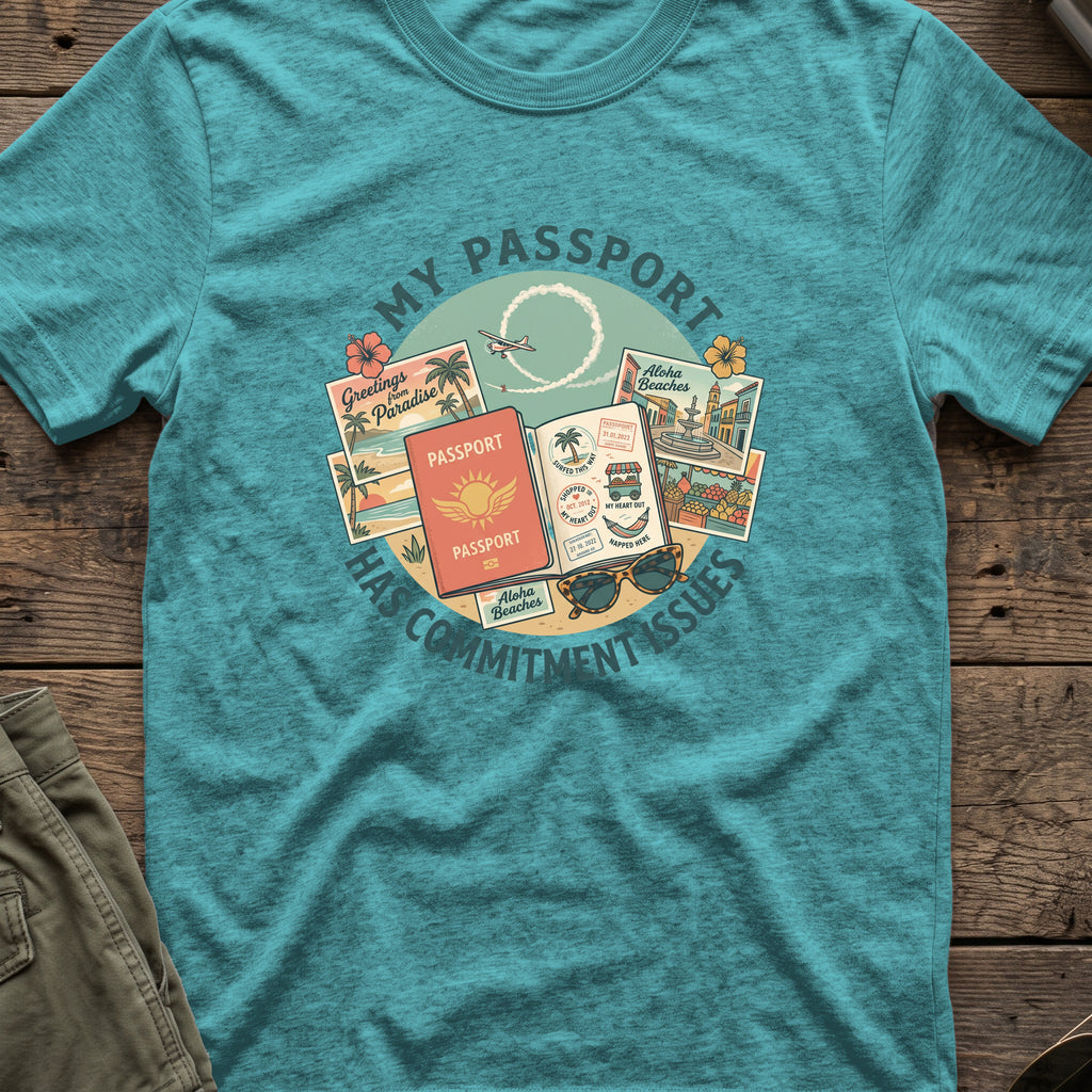 My Passport has Commitment Issues T-Shirt in Heather Galapagos Blue, front view.