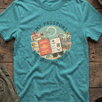 My Passport has Commitment Issues T-Shirt in Heather Galapagos Blue, front view.