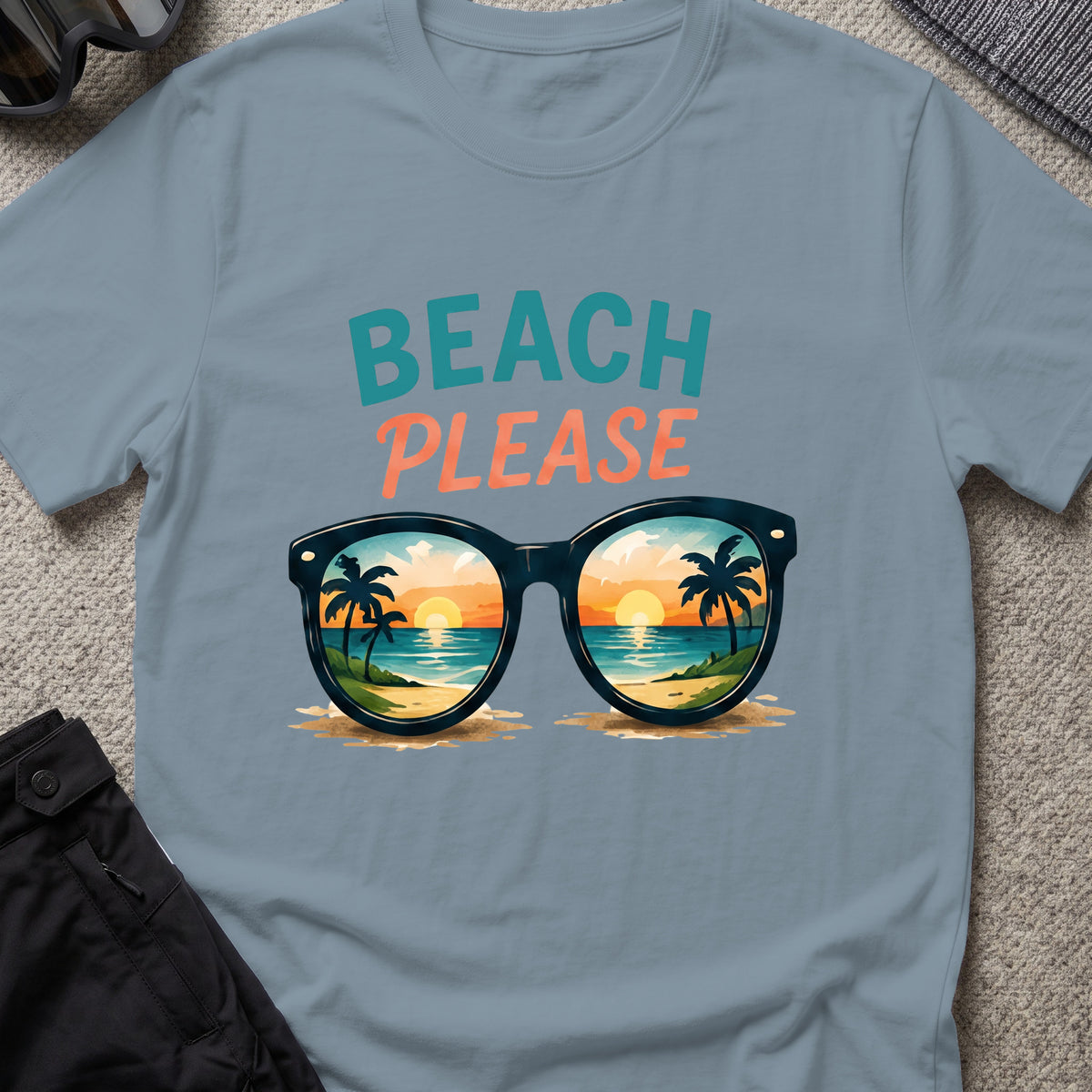 Beach Please T-Shirt in Stone Blue, front view.