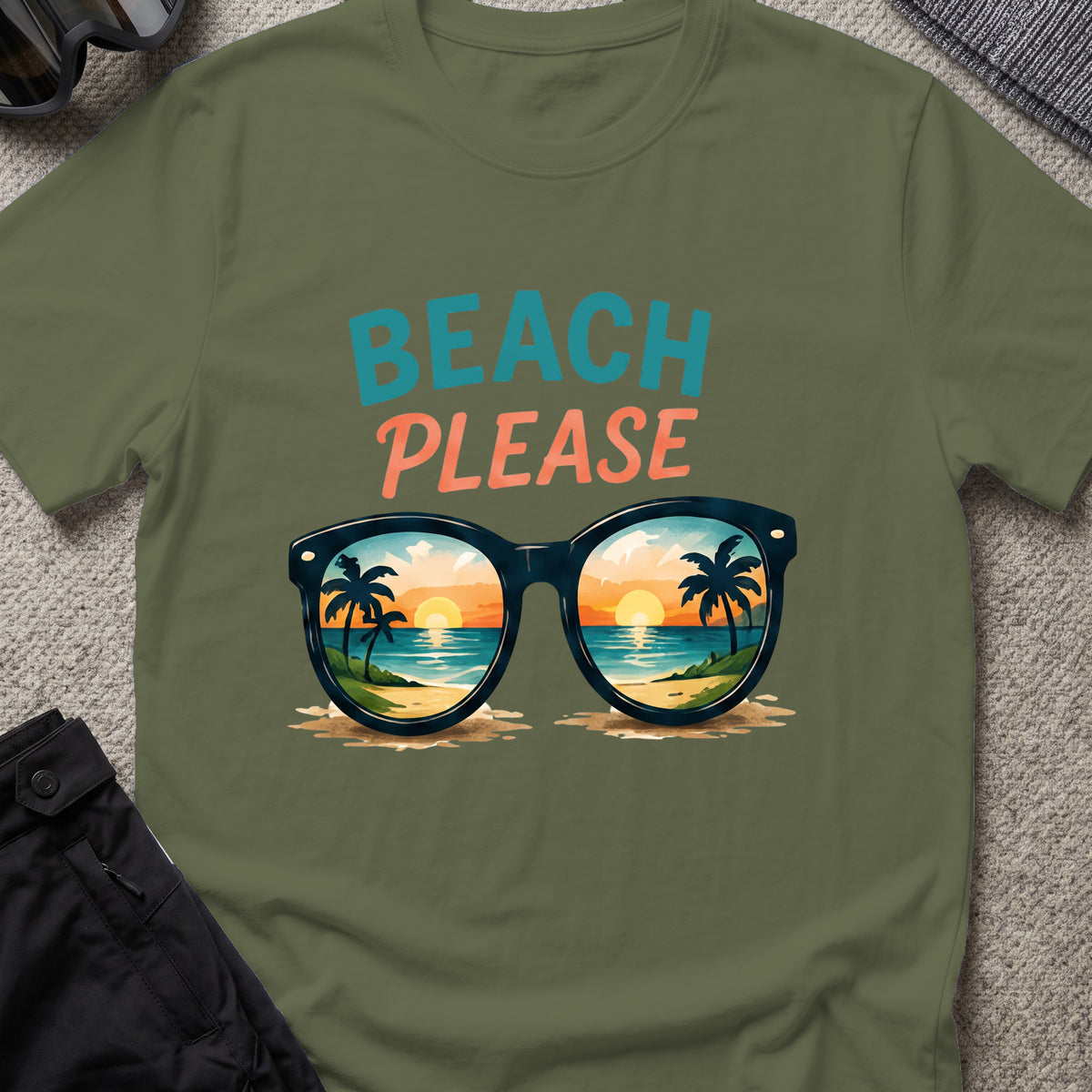 Beach Please T-Shirt in Military Green, front view.