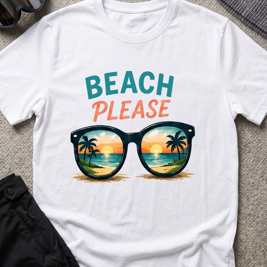 Beach Please T-Shirt in White, front view.