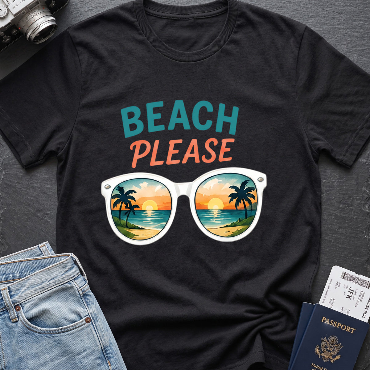 Beach Please T-Shirt in Black, front view.