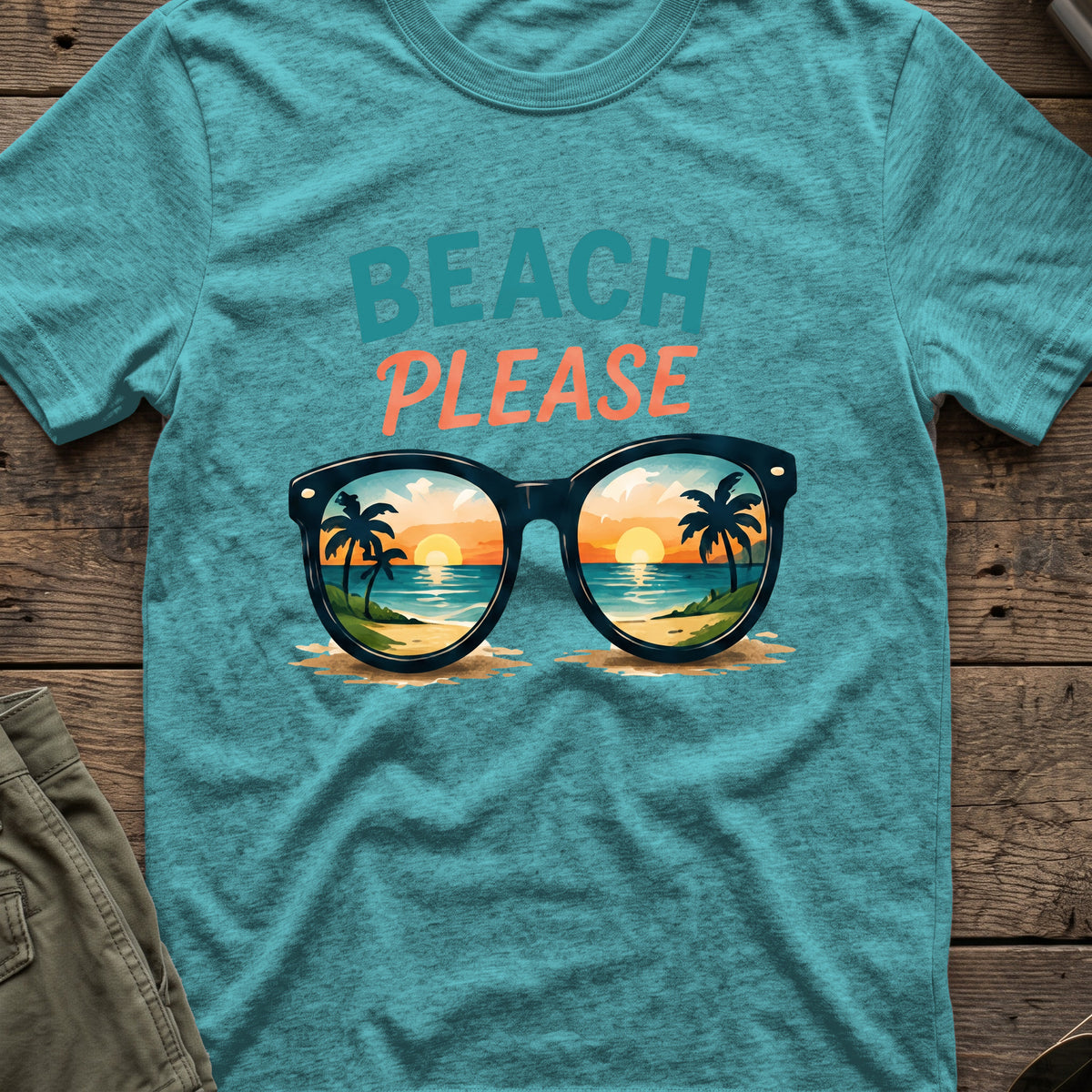 Beach Please T-Shirt in Heather Galapagos Blue, front view.