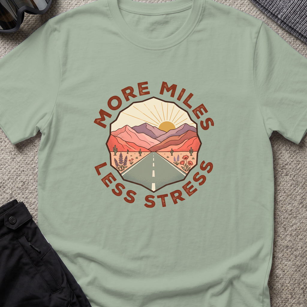More Miles and Less Stress T-Shirt in Sage, front view.