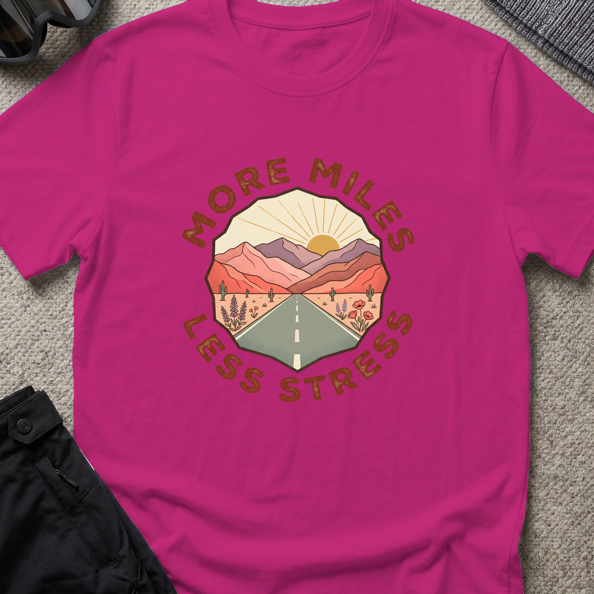 More Miles and Less Stress T-Shirt in Antique Heliconia, front view.