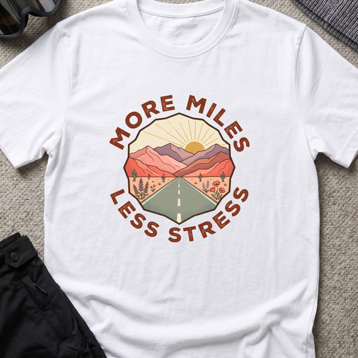 More Miles and Less Stress T-Shirt in White, front view.