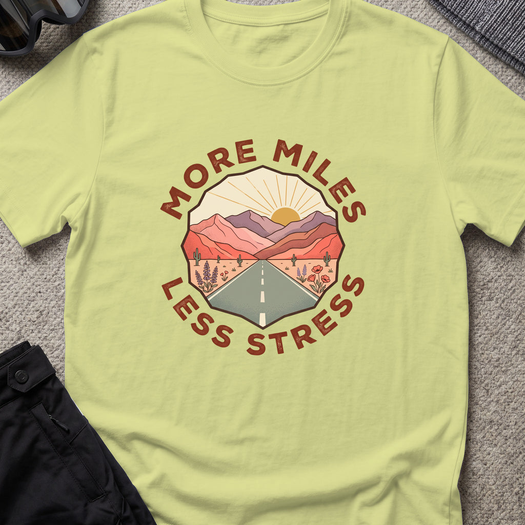 More Miles and Less Stress T-Shirt in Pistachio, front view.