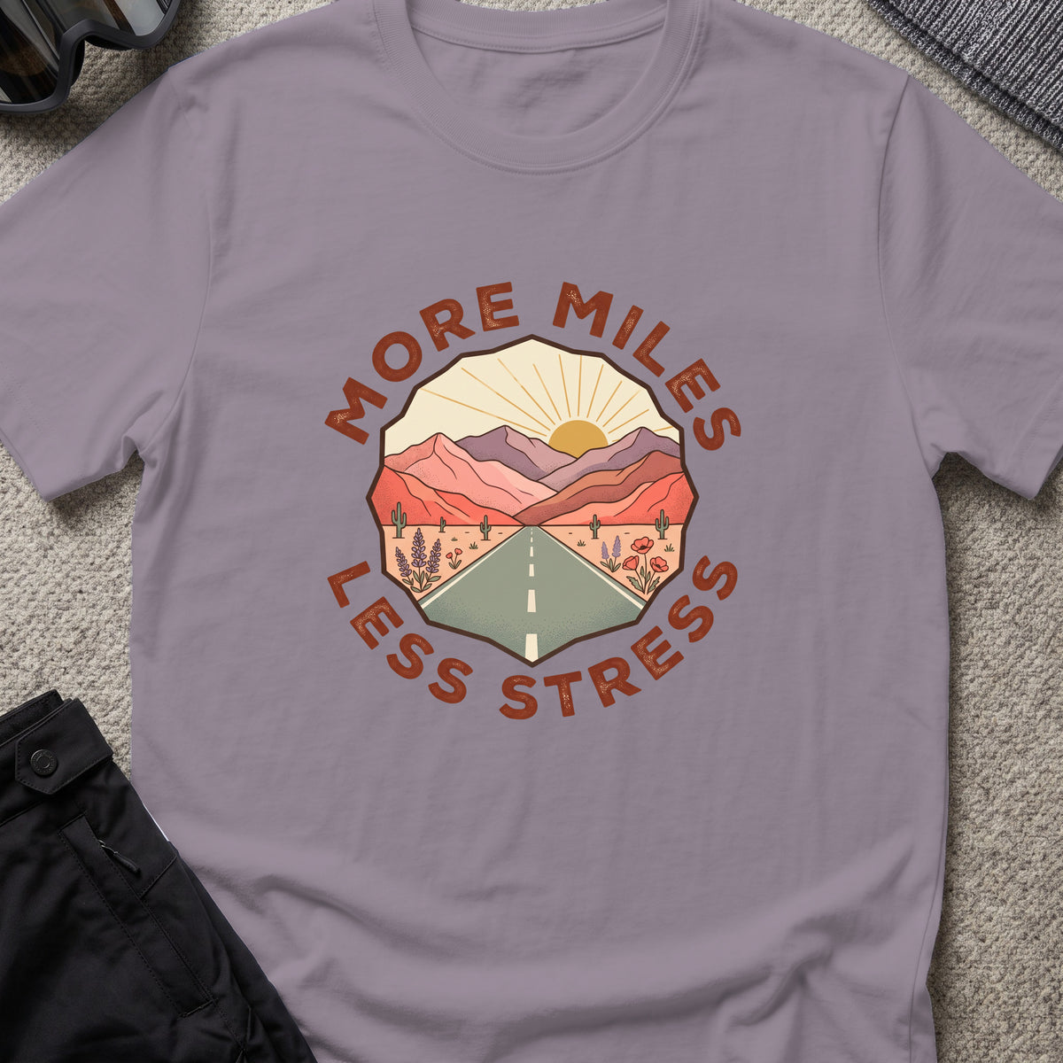 More Miles and Less Stress T-Shirt in Paragon, front view.