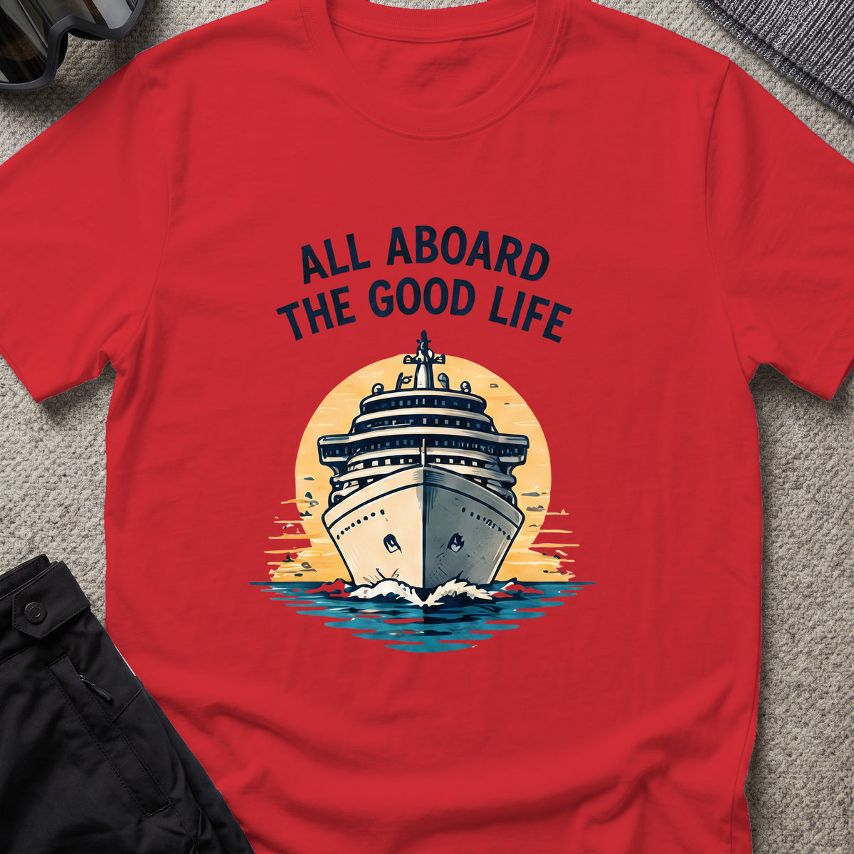 All Aboard the Good Life T-Shirt in Red, front view.