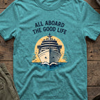 All Aboard the Good Life T-Shirt in Heather Galapagos Blue, front view.