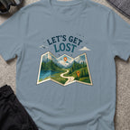 Let's Get Lost T-Shirt — Trail Map in Stone Blue, front view.