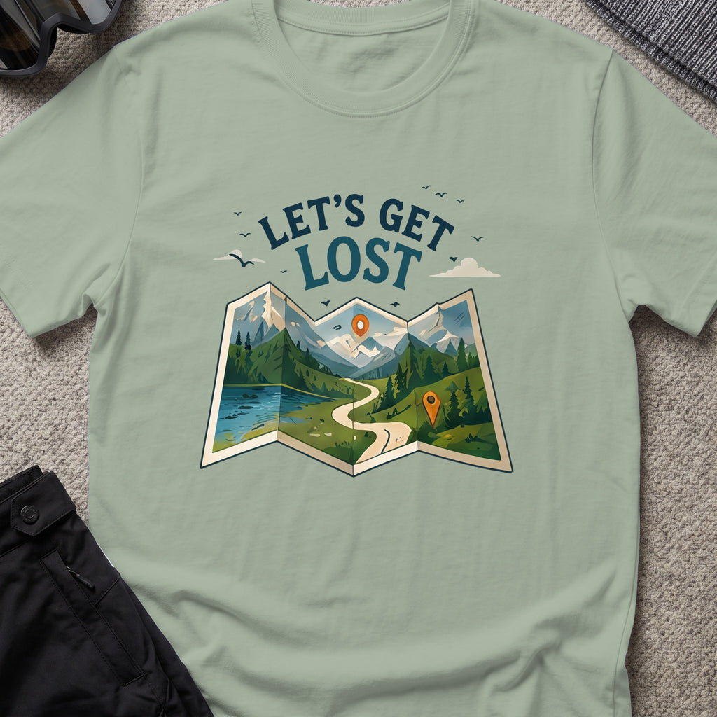 Let's Get Lost T-Shirt — Trail Map in Sage, front view.