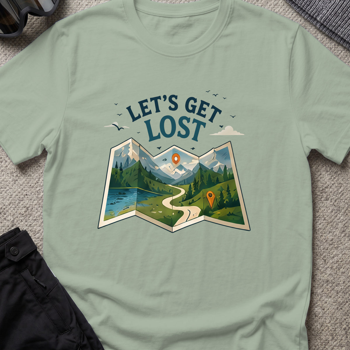 Let's Get Lost T-Shirt — Trail Map in Sage, front view.