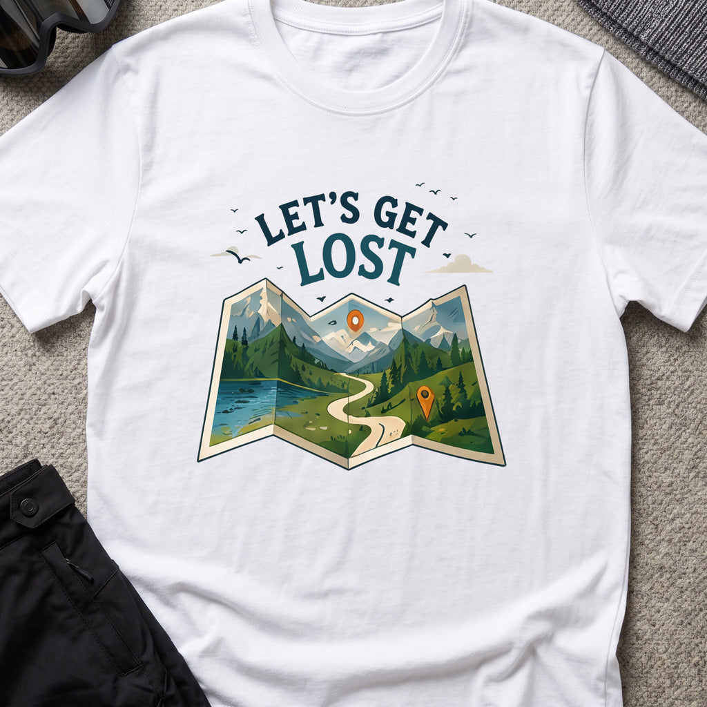 Let's Get Lost T-Shirt — Trail Map in White, front view.