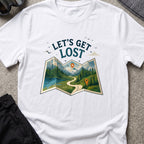 Let's Get Lost T-Shirt — Trail Map in White, front view.