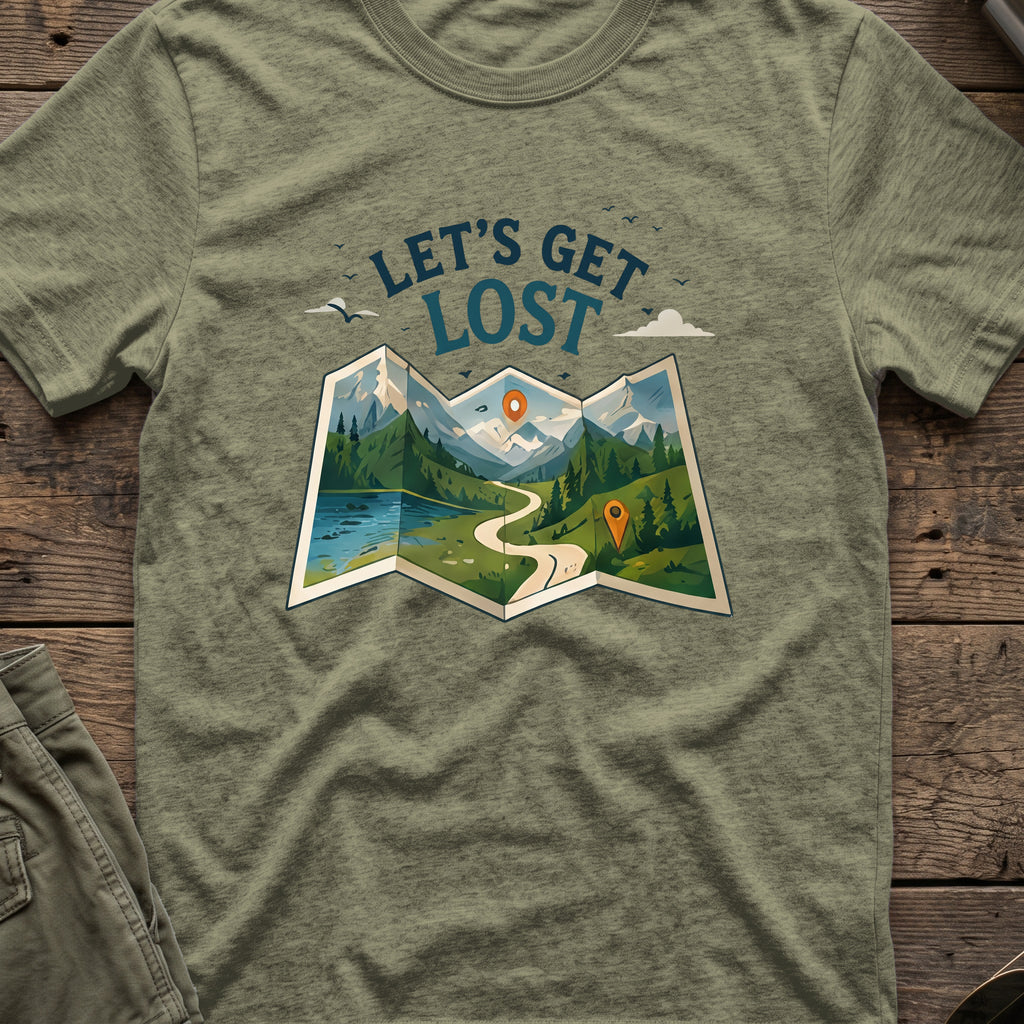 Let's Get Lost T-Shirt — Trail Map in Heather Military Green, front view.