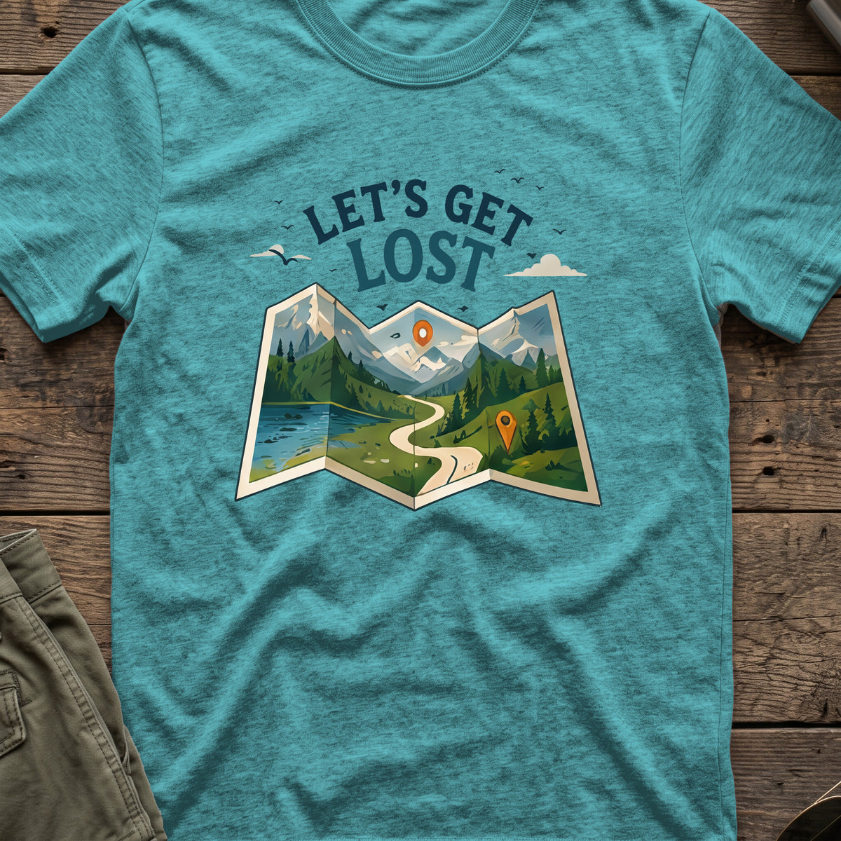 Let's Get Lost T-Shirt — Trail Map in Heather Galapagos Blue, front view.