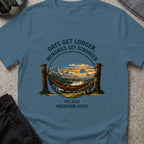 Days get Longer, Memories get Stronger T-Shirt in Indigo Blue, front view.