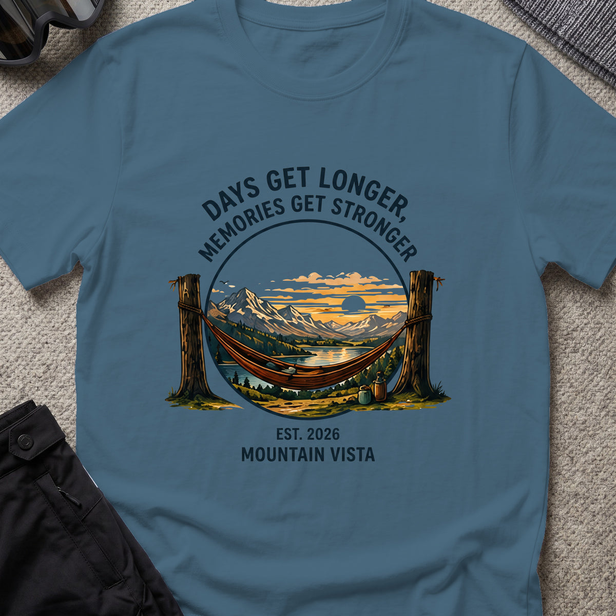 Days get Longer, Memories get Stronger T-Shirt in Indigo Blue, front view.