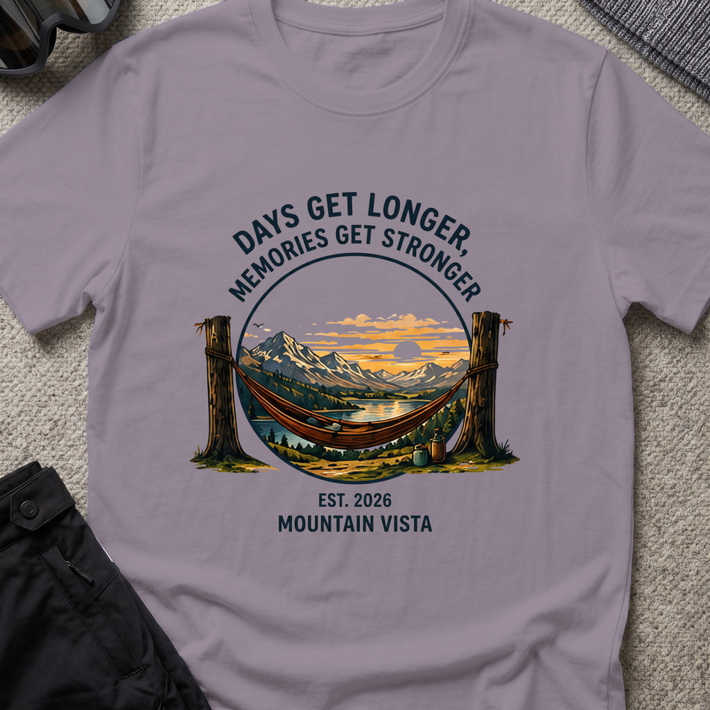 Days get Longer, Memories get Stronger T-Shirt in Paragon, front view.