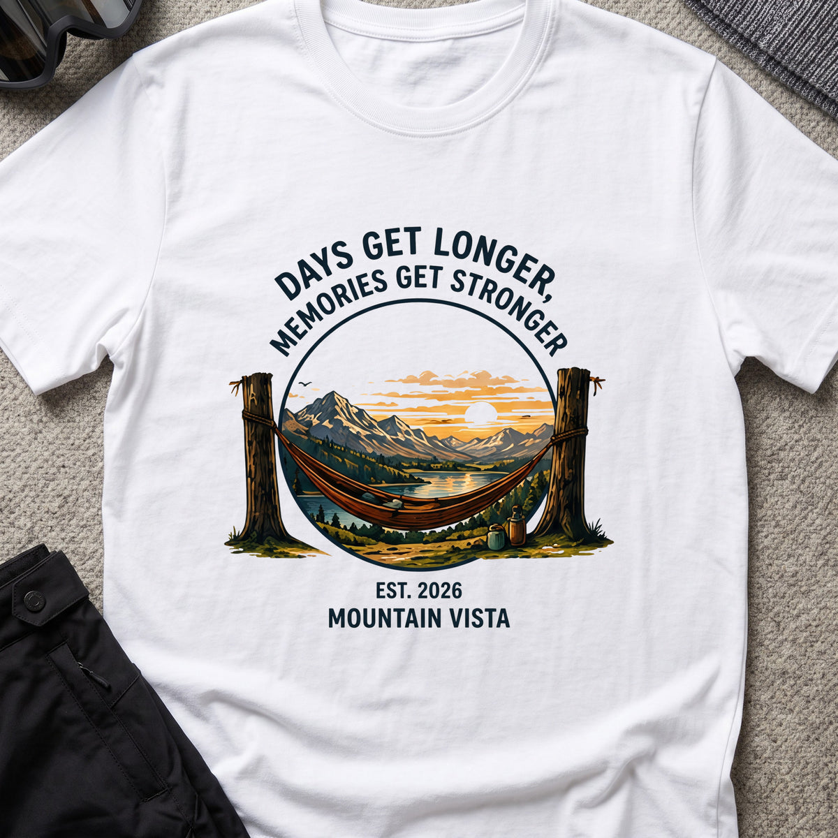 Days get Longer, Memories get Stronger T-Shirt in White, front view.