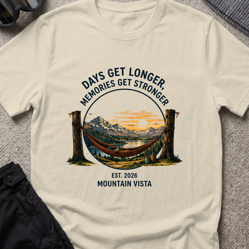 Days get Longer, Memories get Stronger T-Shirt in Sand, front view.