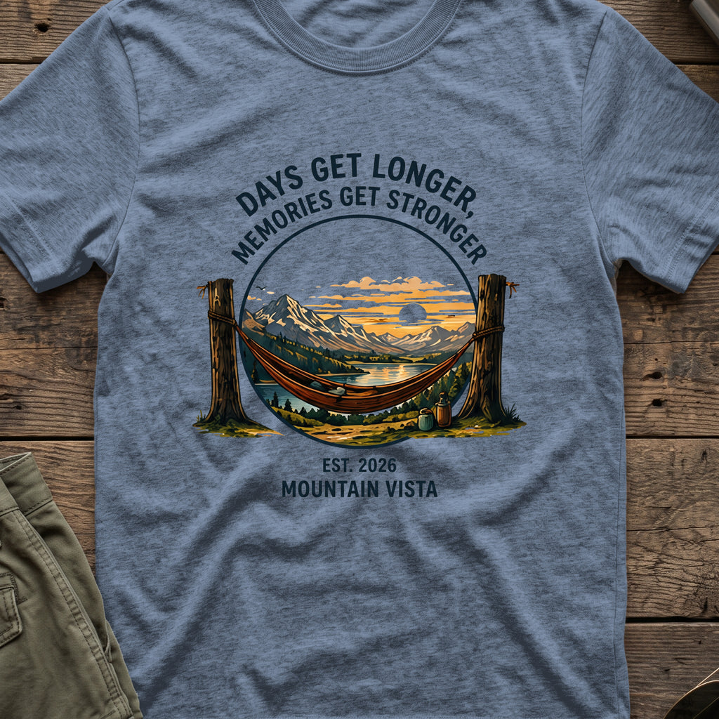 Days get Longer, Memories get Stronger T-Shirt in Heather Indigo, front view.