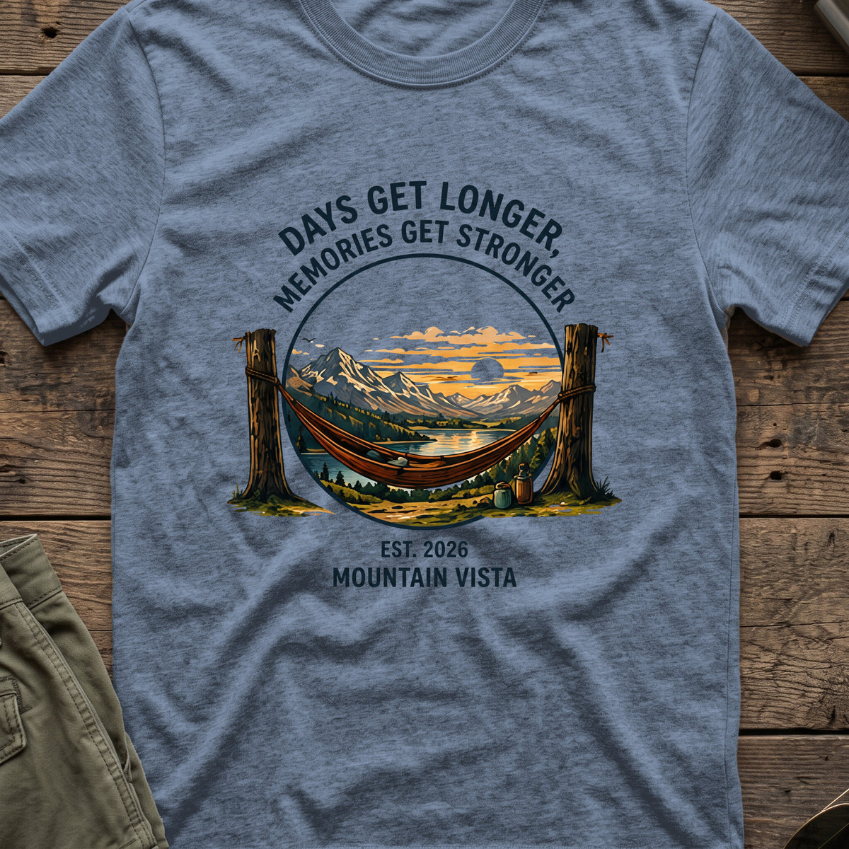 Days get Longer, Memories get Stronger T-Shirt in Heather Indigo, front view.