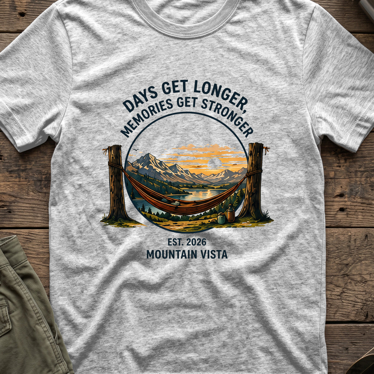 Days get Longer, Memories get Stronger T-Shirt in Sport Grey, front view.