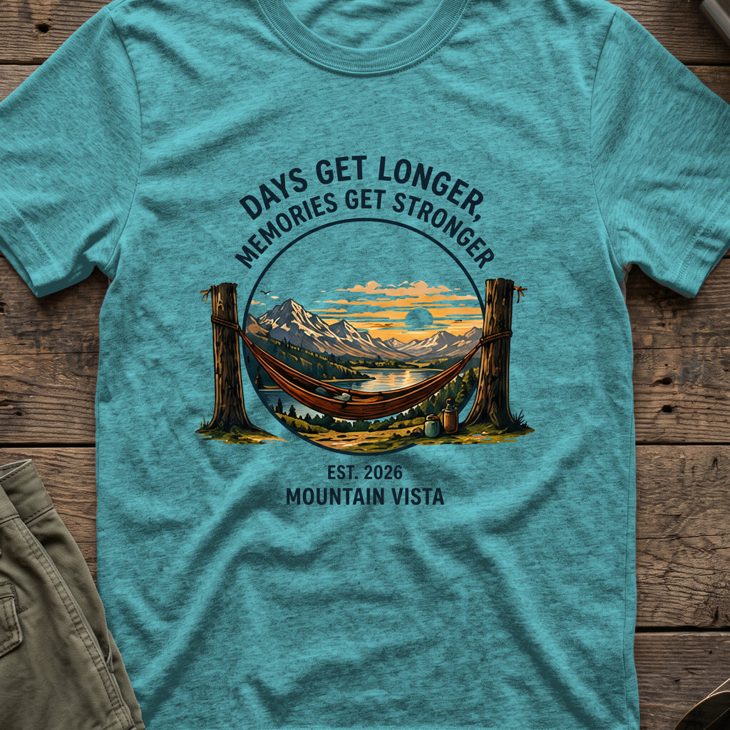 Days get Longer, Memories get Stronger T-Shirt in Heather Galapagos Blue, front view.