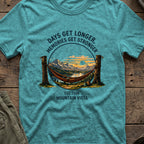Days get Longer, Memories get Stronger T-Shirt in Heather Galapagos Blue, front view.