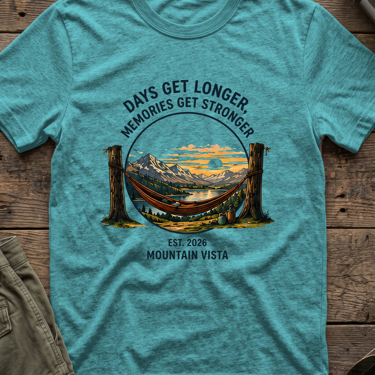 Days get Longer, Memories get Stronger T-Shirt in Heather Galapagos Blue, front view.