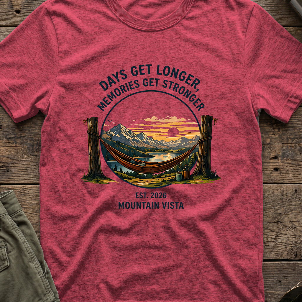 Days get Longer, Memories get Stronger T-Shirt in Heather Cardinal, front view.