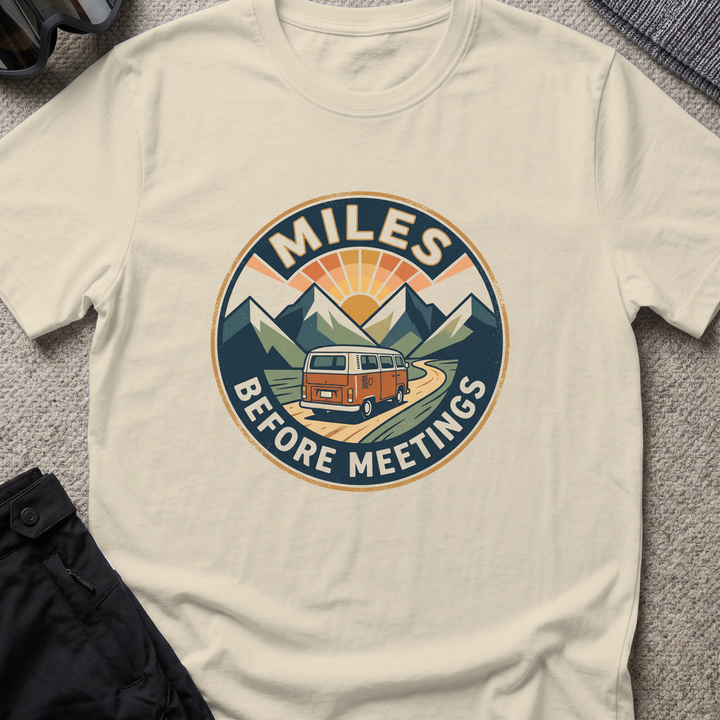 Miles Between Meetings T-Shirt in Sand, front view.