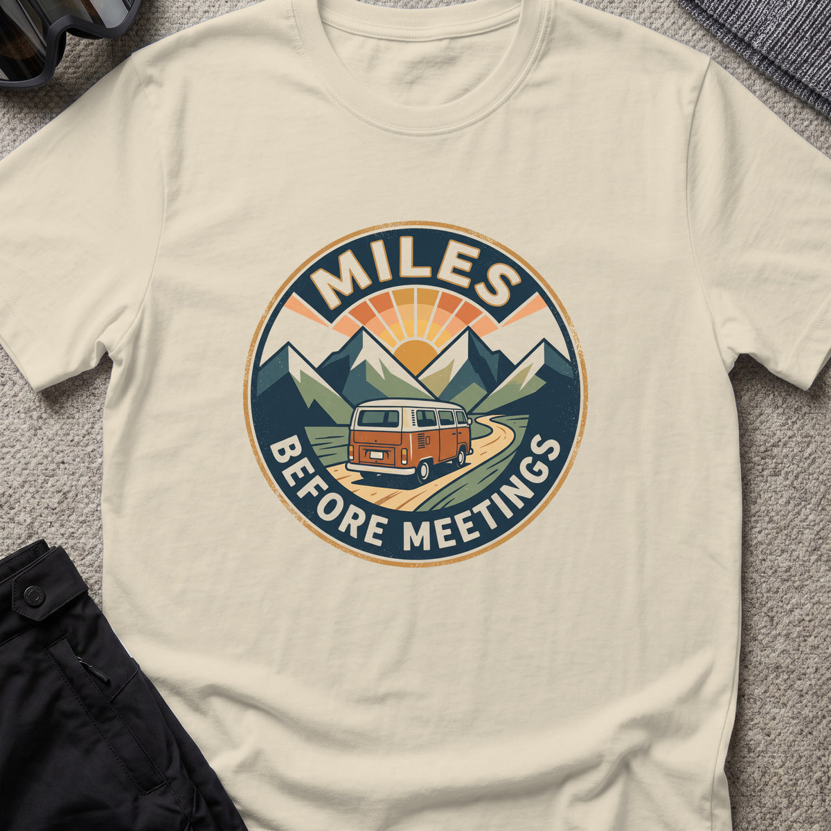 Miles Between Meetings T-Shirt in Sand, front view.