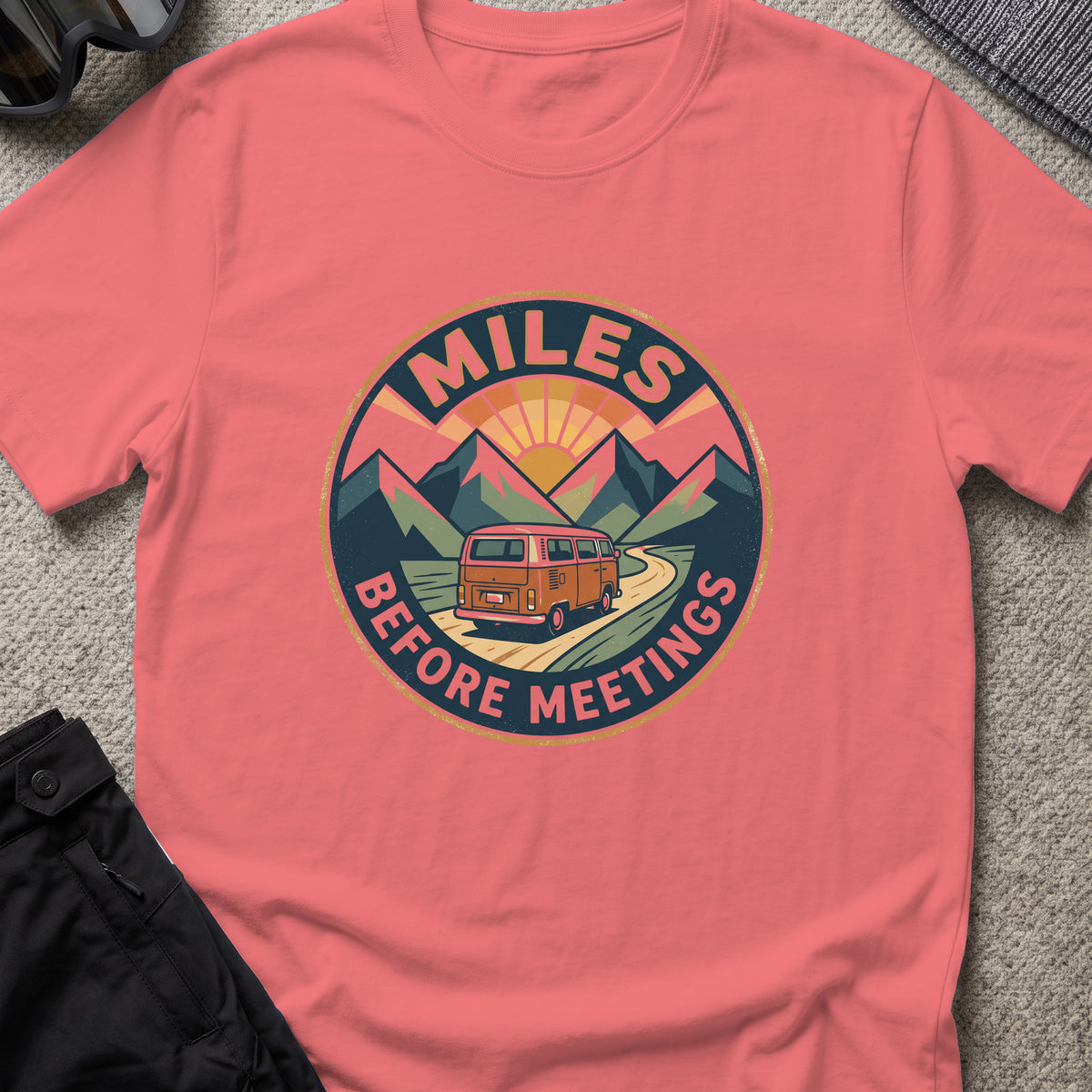 Miles Between Meetings T-Shirt in Coral Silk, front view.