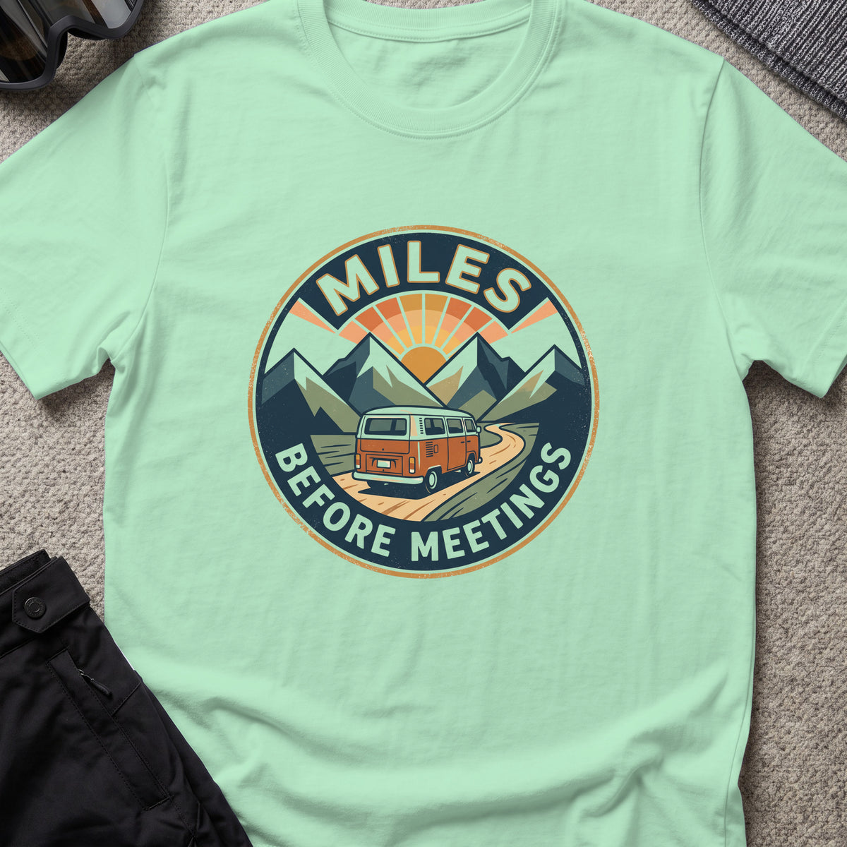 Miles Between Meetings T-Shirt in Mint Green, front view.