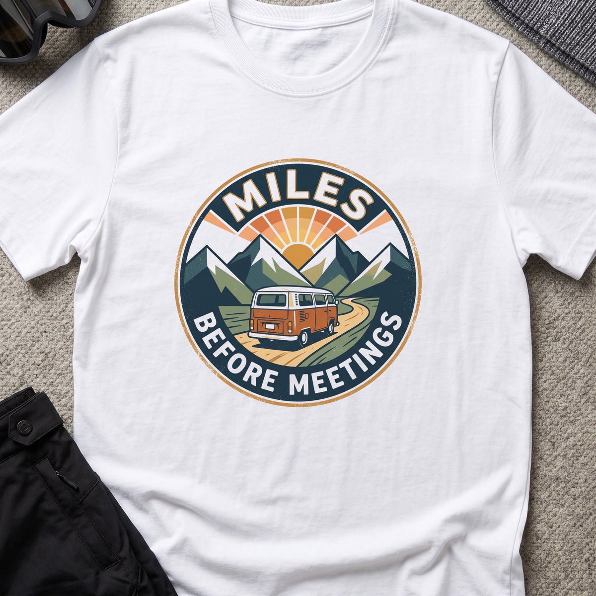 Miles Between Meetings T-Shirt in White, front view.