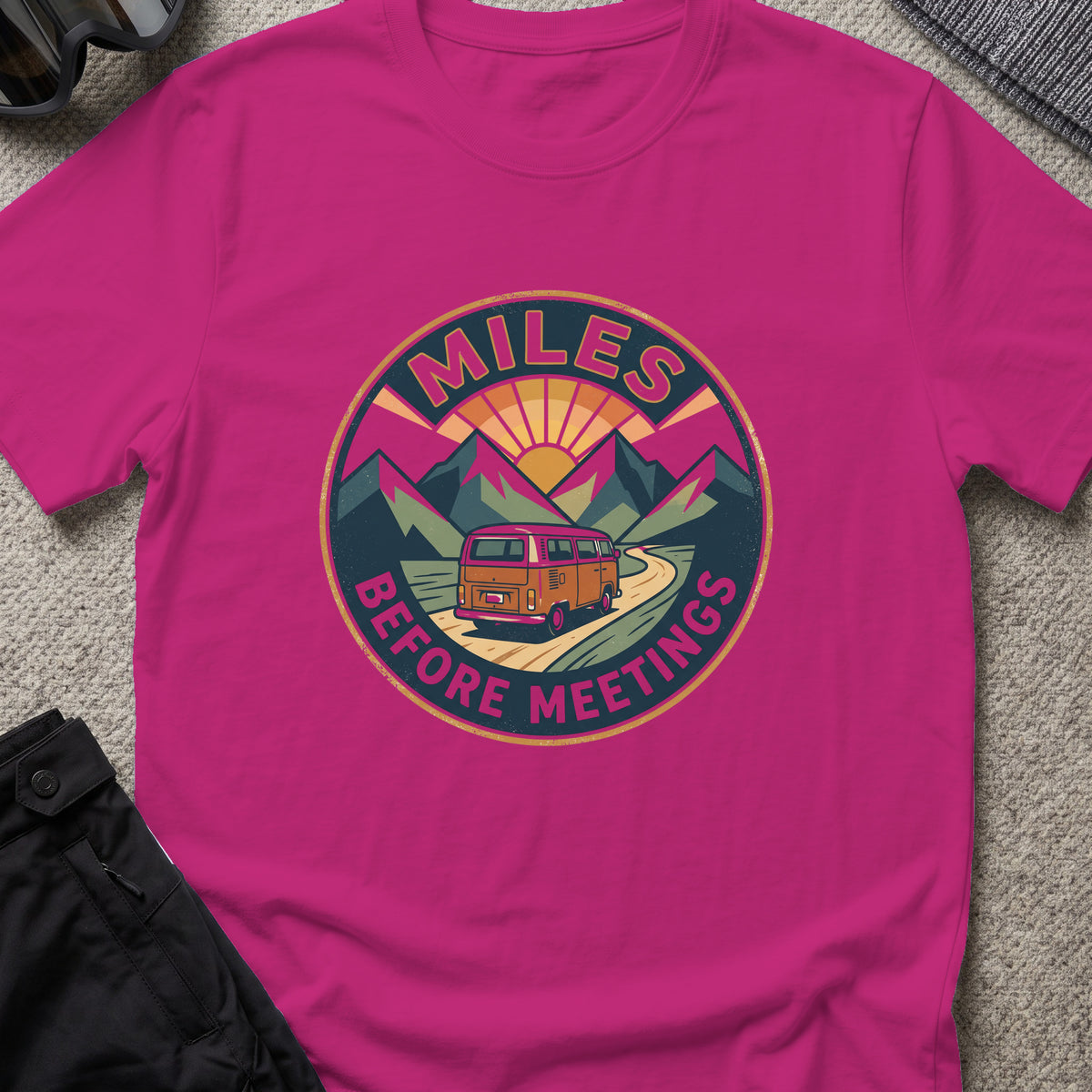 Miles Between Meetings T-Shirt in Antique Heliconia, front view.