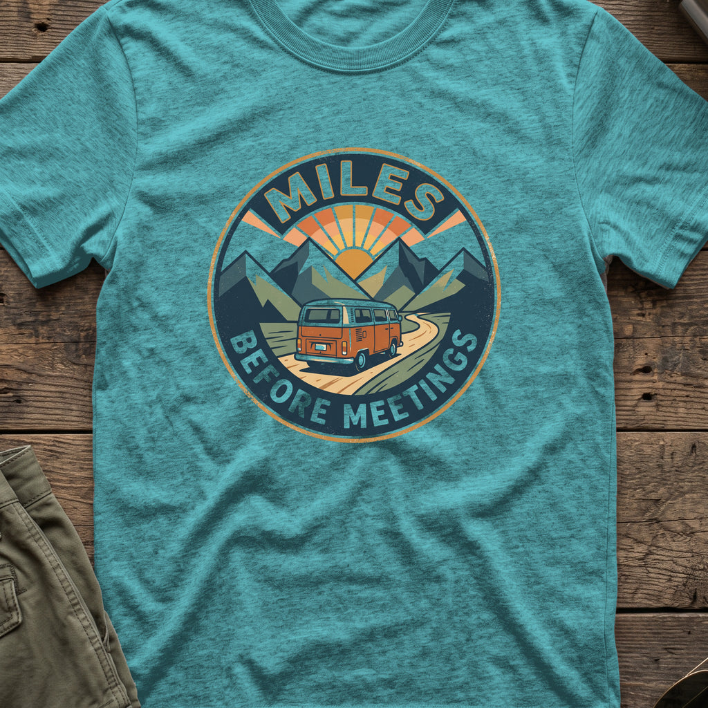 Miles Between Meetings T-Shirt in Heather Galapagos Blue, front view.