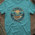 Miles Between Meetings T-Shirt in Heather Galapagos Blue, front view.