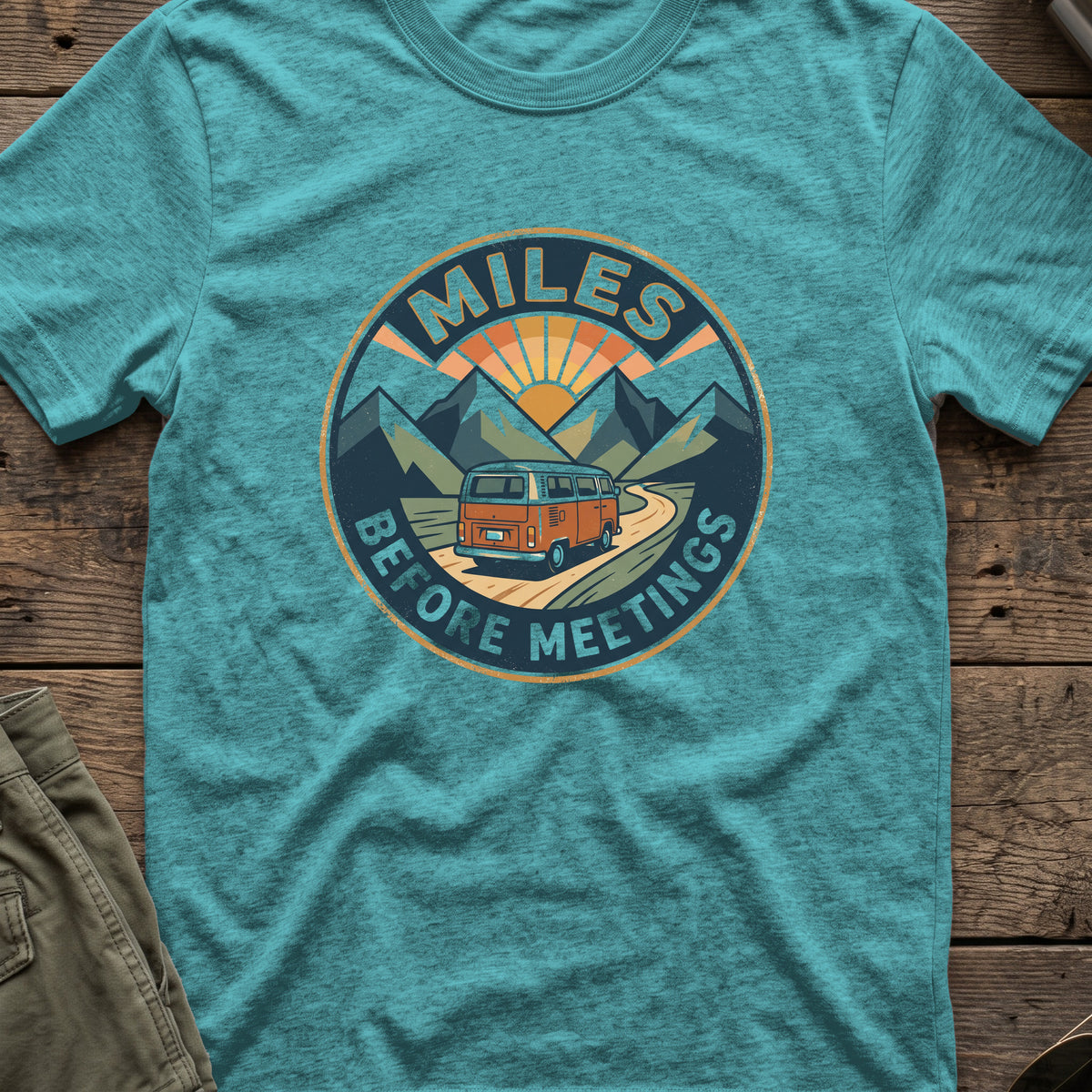 Miles Between Meetings T-Shirt in Heather Galapagos Blue, front view.